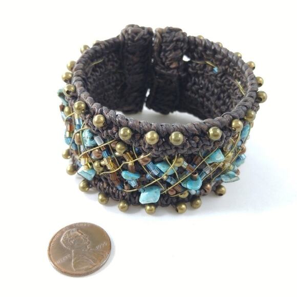 Wide Cuff Brown Bracelet Blue Gemstones & Seed Beads - Picture 4 of 8